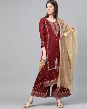 embellished straight kurta suit set