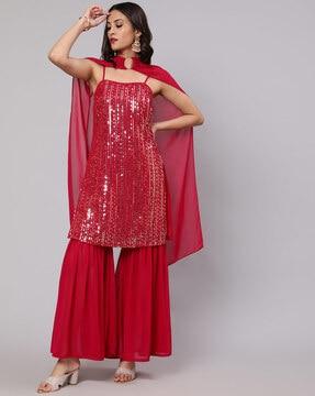 embellished straight kurta suit set