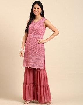 embellished straight kurta suit set