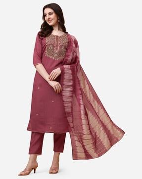 embellished straight kurta suit set