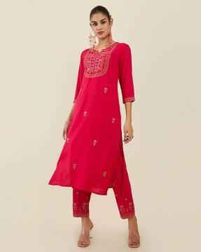 embellished straight kurta suit set