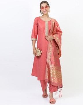 embellished straight kurta suit set