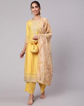 embellished straight kurta suit set