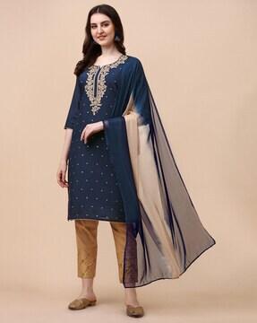 embellished straight kurta suit set