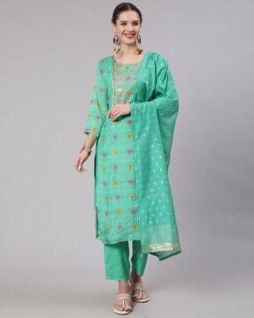 embellished straight kurta suit set