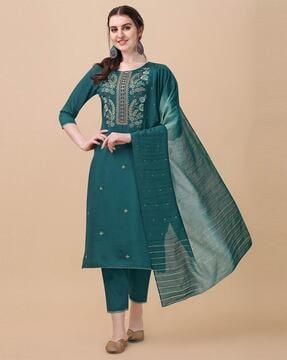 embellished straight kurta suit set