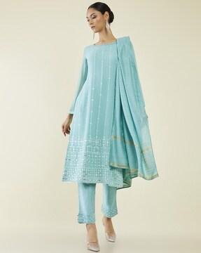 embellished straight kurta suit set