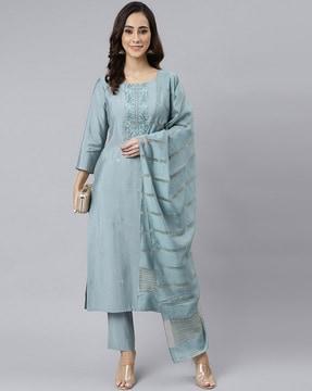 embellished straight kurta suit set