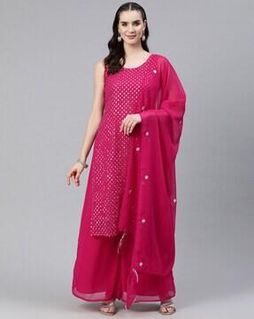 embellished straight kurta suit set