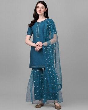 embellished straight kurta suit set