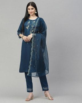 embellished straight kurta suit set