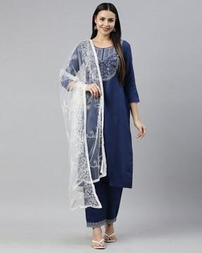 embellished straight kurta suit set