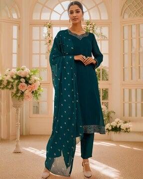 embellished straight kurta suit set