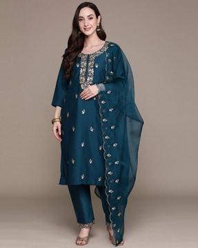 embellished straight kurta with  trousers & dupatta set