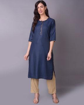 embellished straight kurta with lace detail