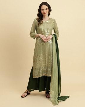 embellished straight kurta with palazzos & dupatta