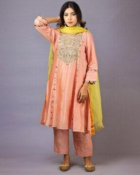 embellished straight kurta with palazzos & dupatta