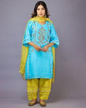 embellished straight kurta with palazzos & dupatta