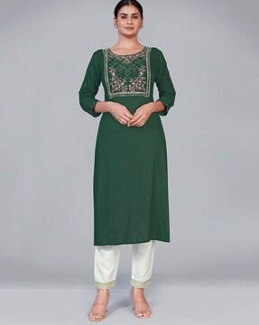 embellished straight kurta with pant set