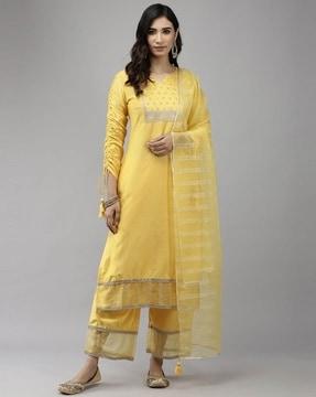 embellished straight kurta with pants & dupatta