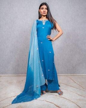 embellished straight kurta with pants & dupatta