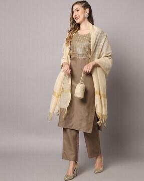 embellished straight kurta with pants & dupatta