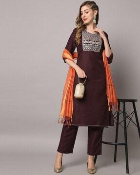 embellished straight kurta with pants & dupatta