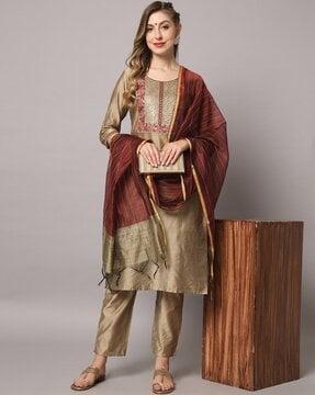 embellished straight kurta with pants & dupatta