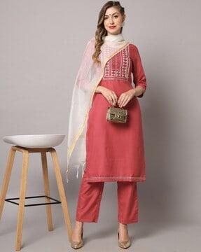 embellished straight kurta with pants & dupatta