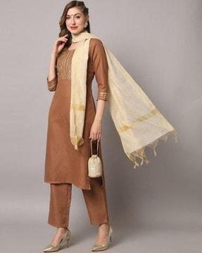 embellished straight kurta with pants & dupatta