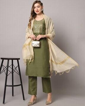 embellished straight kurta with pants & dupatta