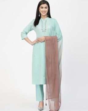embellished straight kurta with pants & dupatta