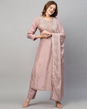 embellished straight kurta with pants & dupatta