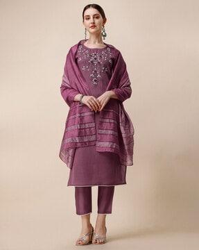 embellished straight kurta with pants & dupatta