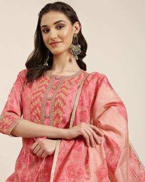 embellished straight kurta with pants & dupatta