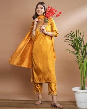 embellished straight kurta with pants & dupatta