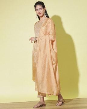 embellished straight kurta with pants & dupatta