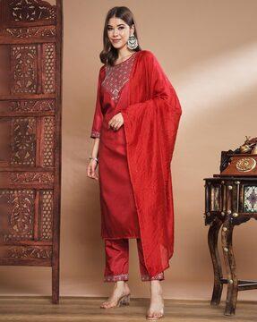 embellished straight kurta with pants & dupatta