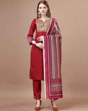 embellished straight kurta with pants & dupatta