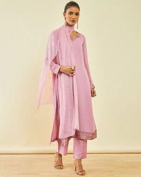 embellished straight kurta with pants & dupatta