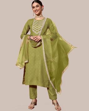 embellished straight kurta with pants & dupatta