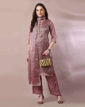 embellished straight kurta with pants & dupatta