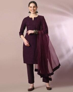 embellished straight kurta with pants & dupatta