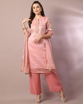 embellished straight kurta with pants & dupatta