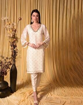 embellished straight kurta with pants & dupatta