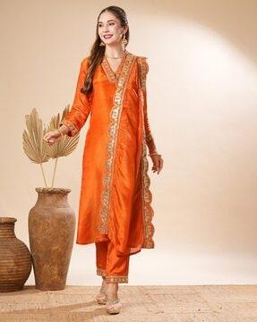 embellished straight kurta with pants & dupatta