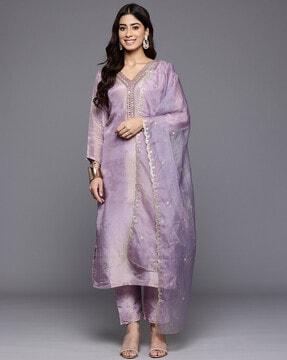 embellished straight kurta with pants & dupatta