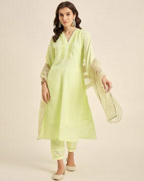 embellished straight kurta with pants & dupatta