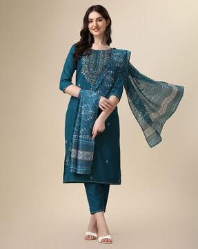 embellished straight kurta with pants with dupatta set