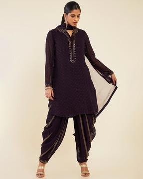 embellished straight kurta with salwar & dupatta